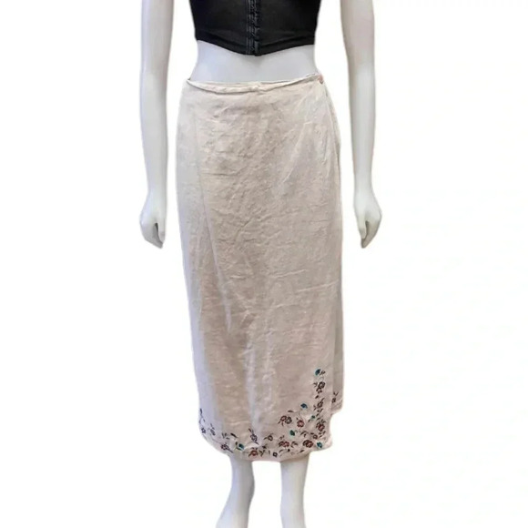 Talbots 100% Linen Embroidered Oatmeal  Maxi Wrap Skirt Size 10 - Picture 1 of 9